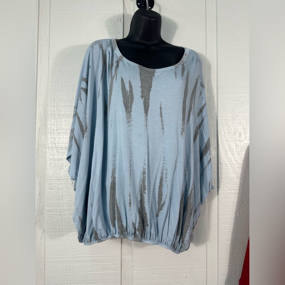 Fantastic Fawn Blue and Gray Short Sleeve Top Size Large EUC
